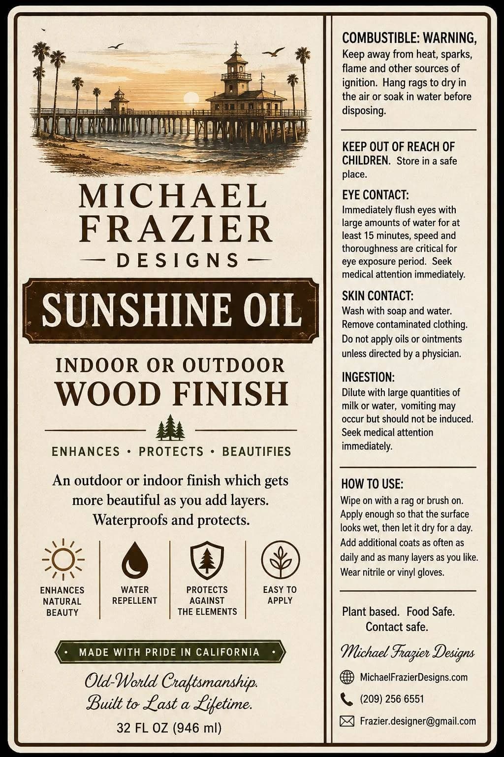 Full Sunshine Oil product label; its directions and safety instructions are transcribed on this page