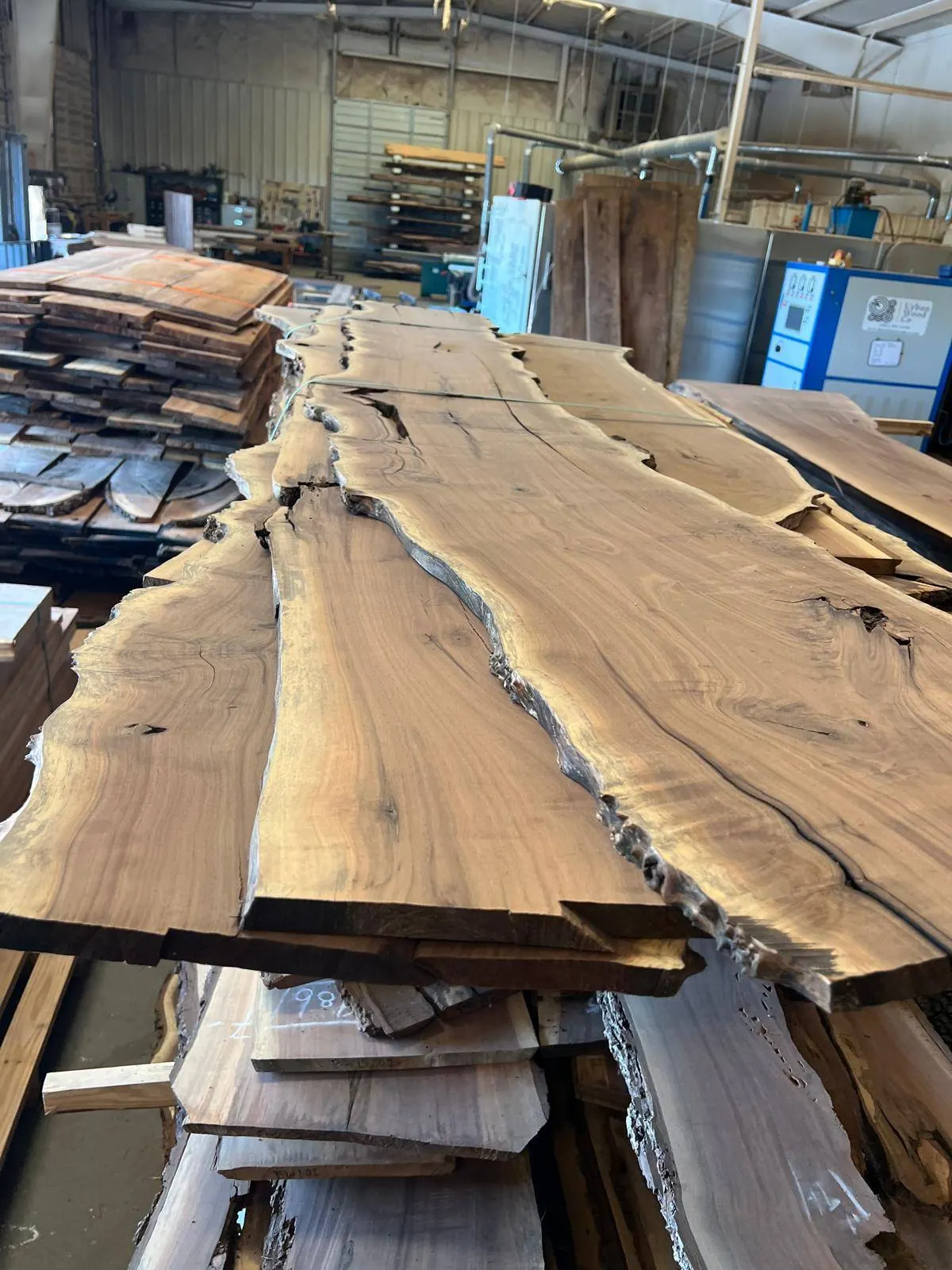 Live-edge Oklahoma Black Walnut slabs stacked inside Urban Wood Company